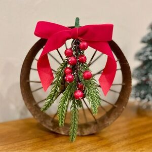 Festive Rusty Crusty Wheel with Red Bow Holiday Sprig